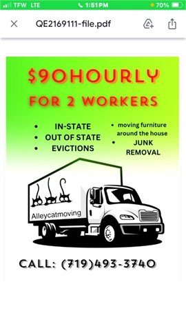 Moving Company $90 Hourly for 2 workers